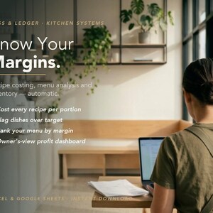 Könnte beinhalten: Eine digitale Werbeanzeige für Pass & Ledger Kitchen Systems mit dem Text Know Your Margins. Recipe costing, menu analysis and inventory — automatic. Sie listet Funktionen wie Rezeptkalkulation, Menüanalyse, Inventar und ein Dashboard auf.