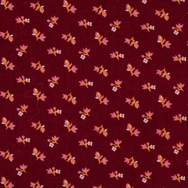 1 7/8 Yards of Vintage Flower Print Fabric. Cotton Calico Print. Dark Reddish Brown. Pink, White and Mustard Flowers. Quilting. Item 1346F