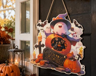 Halloween Lenticular Porch Sign in 3 Sizes | Changing Image Wood Door Decor | Cute Ghost Pumpkin Welcome Sign | Spooky Outdoor Decor
