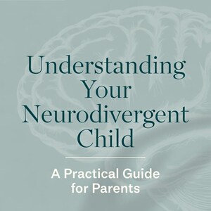 Puede incluir: Una portada de documento PDF digital con fondo verde salvia claro y un tenue contorno blanco de un cerebro humano. El texto dice: Understanding Your Neurodivergent Child, A Practical Guide for Parents, con una etiqueta PDF en la parte superior.