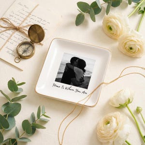 Custom Photo Trinket Dish, Long Distance Military Family Gift, Deployment Keepsake, Gold Rim Ceramic Ring Dish, Missing You Gift