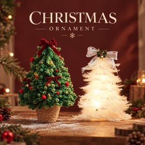 May include: Two Christmas tree ornaments. One is a green, curly-textured tree in a woven pot with red bows and berries. The other is a white, feathery tree with a translucent bow and internal lights. Text reads: CHRISTMAS ORNAMENT.