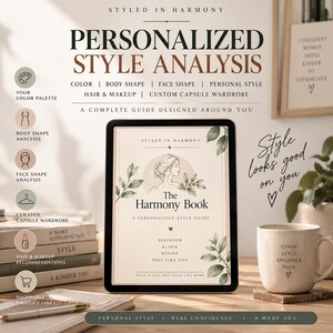 May include: A digital tablet displaying a personalized style analysis guide titled The Harmony Book, featuring botanical illustrations, text about color, body shape, and capsule wardrobes, alongside a ceramic mug with text and stacked books.