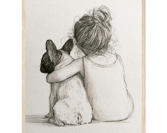 May include: A black and white pencil sketch on textured paper depicting a child with hair in a messy bun, seen from behind, with an arm wrapped around a small dog. The drawing captures the soft shading and fine lines of the subjects.