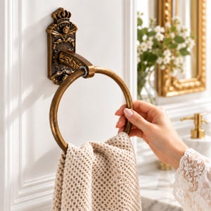 Towel Ring, Antique Gold Aluminum, Ornate Victorian Bathroom Accessory