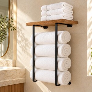 Prateleira de madeira para toalhas, suporte de parede para banheiro, organizador rústico para roupas de cama, armazenamento para banheiro estilo fazenda, decoração moderna para hotel.