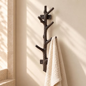 May include: A dark brown, textured wall-mounted coat rack shaped like a tree branch with multiple hooks for hanging items. A beige towel is draped over one of the lower branches. The rack features two rectangular mounting plates at the top and bottom.