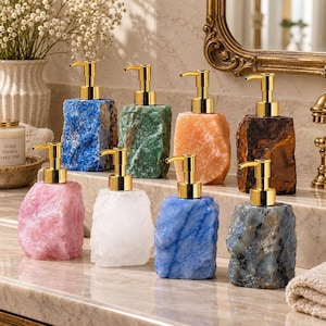 Stone Soap Dispenser, Raw Crystal Decor with Gold Pump