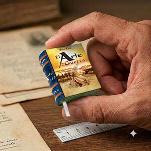 May include: A miniature book titled El Arte de la Guerra by Sun Tzu with a yellow cover featuring an illustration of a warrior on horseback. The spine is blue with orange stripes. A metal ruler is visible, showing the book is under 2 inches tall.