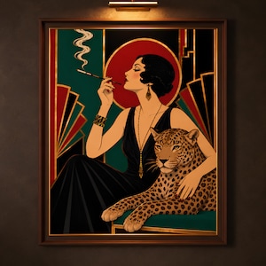 May include: A framed wall art print featuring a person with dark hair in a black dress holding a long cigarette holder with smoke, sitting beside a spotted leopard. The background displays a red circle, geometric fan shapes, and gold accents.