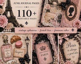 Peut inclure: Une collection de pages de journal créatif imprimables avec des images sur le thème français, incluant la tour Eiffel, des roses roses, de la dentelle, des perles, des flacons de parfum, des croissants, des macarons et le texte French Lace.