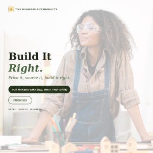 Op de afbeelding: Een digitale afbeelding met de tekst Build It Right. Price it, source it, build it right. FOR MAKERS WHO SELL WHAT THEY MAKE. FROM $19. EXCEL · SHEETS · NUMBERS. Een persoon draagt een veiligheidsbril, een geruit overhemd en een tuinbroek.