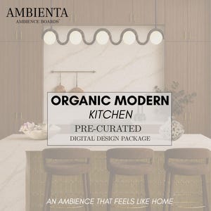 Peut inclure: Un pack de design numérique intitulé AMBIENTA AMBIENCE BOARDS ORGANIC MODERN KITCHEN PRE-CURATED DIGITAL DESIGN PACKAGE AN AMBIENCE THAT FEELS LIKE HOME montrant un intérieur de cuisine avec une suspension ondulée, trois tabourets et du marbre.