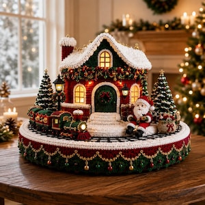 Op de afbeelding: Een gehaakt kerstdorp-display met een rood en groen huis met een wit, besneeuwd dak, een miniatuurtrein, twee kerstbomen en een kerstmanfiguur, alles geplaatst op een ronde basis versierd met gouden en rode ornamenten.