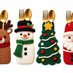 May include: Four crochet cutlery holders featuring holiday designs: a brown reindeer with a red scarf, a white snowman with a black hat and green scarf, a green Christmas tree with ornaments, and a red Santa Claus with a white beard.
