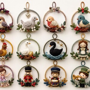 May include: A collection of twelve circular crochet ornaments featuring various figures including birds, a swan, a black swan, a doll, a ballerina, a nutcracker, a drummer, and a musician, each decorated with crocheted leaves, berries, and bows.