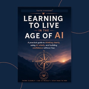 Könnte beinhalten: Ein Buchcover mit dem Titel Learning to Live in the Age of AI von Faith Foundry. Das dunkelblaue Cover zeigt eine kupferfarbene Kompassgrafik über einer Berglandschaft bei Sonnenuntergang mit dem Untertitel A practical guide to thinking.