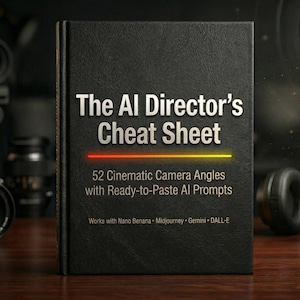 Puede incluir: Un libro de tapa dura negro titulado The AI Director's Cheat Sheet, con el subtítulo 52 Cinematic Camera Angles with Ready-to-Paste AI Prompts y una lista de plataformas compatibles que incluye Nano Banana, Midjourney, Gemini y DALL-E.