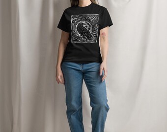 Raven Graphic Tee, Linocut Moon Design on Soft Cotton
