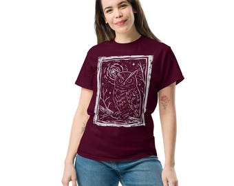 Owl Moon Shirt, Linocut Design Tee with Celestial Art