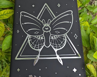 Moth Stars - silver embossed faux leather journal
