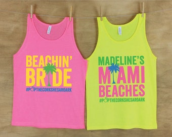 Beachin Bride & Miami Beaches Bachelorette Beach Tanks, Neon Bridal Shower Tanks, Personalized Beach Tanks Sets, Women Tank Top, Beach Tanks