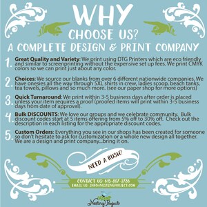 May include: A blue and green graphic with the text "WHY CHOOSE US?" and "A COMPLETE DESIGN & PRINT COMPANY". The graphic lists five reasons to choose this company, including great quality and variety, quick turnaround, bulk discounts, and custom orders. The graphic also includes contact information for the company.