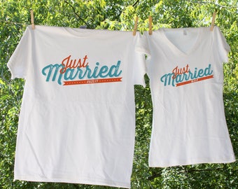 Retro Teal and Orange Just Married Bride and Groom Shirts Personalized with Wedding Date // Honeymoon Just Married Shirts - TW