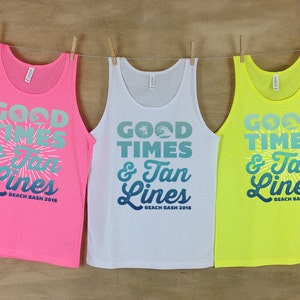 Beach Cover Ups Good Times and Tan Lines Neon Tank Tops, Neon Tank Tops for Women, Beach Bachelorette Tanks, Weekend Tank Tops, Custom Tanks