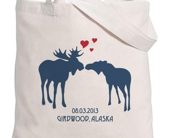 Kissing Moose silhouettes with Hearts Tote Bag -Personalized with Date and Location