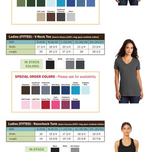 May include: Size chart for unisex and ladies t-shirts, v-neck tees, racerback tanks, and scoop tees. The chart includes measurements for width and length in inches for sizes small, medium, large, extra large, and extra extra large. The chart also includes a list of available colors, including black, white, heather nickel, and charcoal.