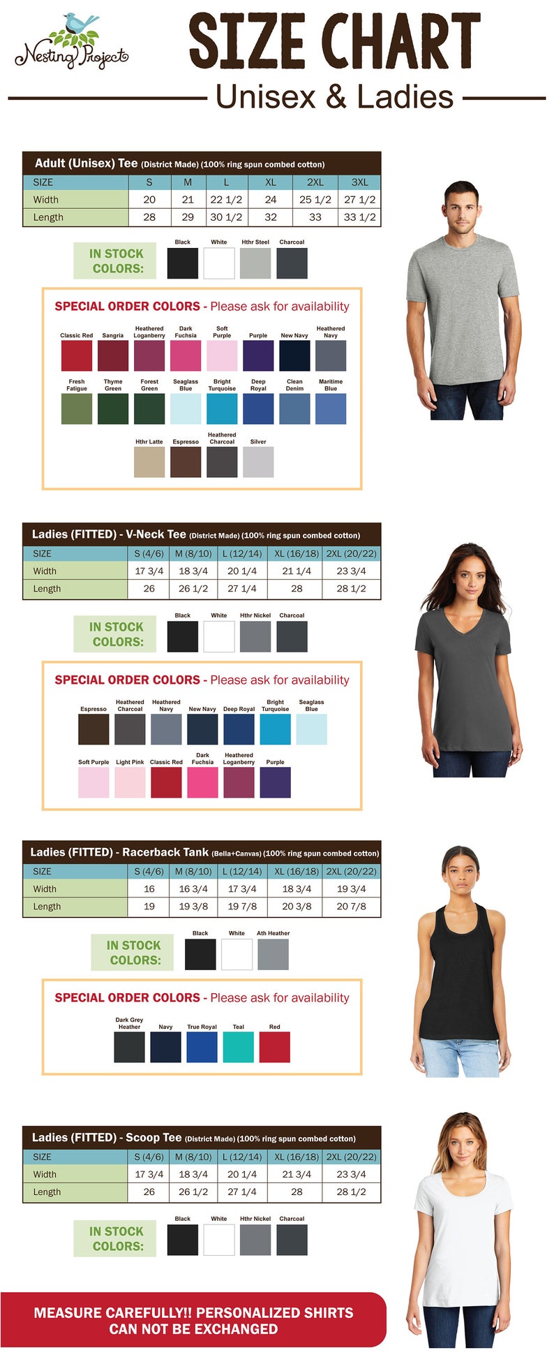 May include: Size chart for unisex and ladies t-shirts, v-neck tees, racerback tanks, and scoop tees. The chart includes measurements for width and length in inches for sizes small, medium, large, extra large, and extra extra large. The chart also includes a list of available colors, including black, white, heather nickel, and charcoal.