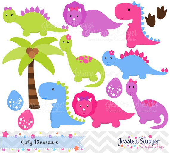 INSTANT DOWNLOAD, Girls Dinosaur Clipart, Dinosaurs for girls, Dino party, for commercial use or personal use Il_570xn