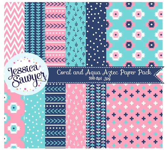 20FOR20, coral aqua and navy aztec digital papers or aztec pattern paper Il_570xn