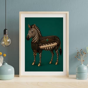 May include: A framed wall art print featuring a surreal illustration of a zebra with a piano body. The zebra has black and white stripes, while the torso is a dark wooden piano with white and black keys, gold accents, and a green gemstone.