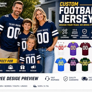 May include: Custom football jerseys featuring a V-neck, short sleeves with two white stripes, and the text "TEAM NAME" above the number "00". The jerseys are available in various colours including navy, white, purple, maroon, blue, pink, green, and red.