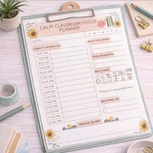 May include: ADHD-Friendly Teacher Daily Planner with a floral design. The planner includes sections for scheduling, must-do tasks, task rewards, self-care, and a brain dump. The text "Progress not perfection" is also included.