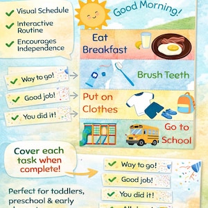 Quadro de rotina matinal infantil editável e imprimível, cronograma visual para TDAH e autismo, lista de verificação diária para crianças pequenas, recursos ABA para necessidades especiais.