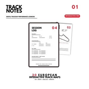 Könnte beinhalten: Ein digitales Trackday-Leistungslogbuch mit dem Titel TRACK NOTES im interaktiven PDF-Format. Das Layout enthält eine Sitzungsprotokollseite mit der Nummer 04 und eine Streckenkartenseite mit der Nummer 05, inklusive 20 interaktiver Streckenkarten.