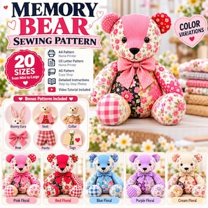 Memory Bear Sewing Pattern PDF, 22 Sizes, Patchwork Teddy Bear Pattern, A4 US Letter A0, Beginner Sewing Tutorial, Keepsake Bear Pattern