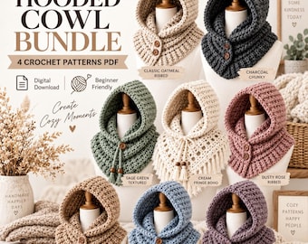 Hooded Cowl Crochet Pattern Bundle, Balaclava Scarf, Winter Neck Warmers (PDF Download)