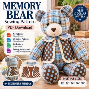 Memory Bear Pattern PDF, Plaid Teddy Sewing with Vest and Collar, 5 Sizes