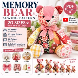 Patrón de costura en PDF para osito de peluche conmemorativo, 20 tamaños, patrón A4 (tamaño carta estadounidense) y A0, instrucciones ilustradas para osito de peluche, descarga digital para osito de recuerdo.