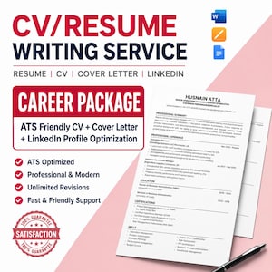 May include: A CV and resume writing service advertisement featuring the text CV/RESUME WRITING SERVICE, CAREER PACKAGE, and ATS Friendly CV + Cover Letter + LinkedIn Profile Optimization. A sample resume document and a black pen are displayed.