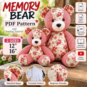 Memory Bear Pattern PDF, 12 and 16 Inch Sizes, A4 US Letter A0 Files