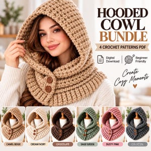 Könnte beinhalten: Ein digitales Paket mit 4 Häkelanleitungen für eine Kapuzen-Cowl. Das Bild zeigt eine beige gehäkelte Cowl mit zwei braunen Knöpfen sowie kleinere Abbildungen der Cowl in Kamelbeige, Cremeweiß, Schokolade, Salbeigrün, Altrosa und Anthrazit.