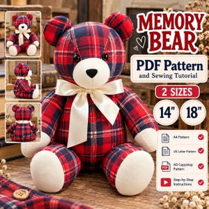 Memory Bear Sewing Pattern PDF, Red Tartan Keepsake Teddy, 14 & 18 Inch Bear Pattern, A4 US Letter A0, Illustrated Sewing Instructions