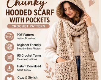 Chunky Hooded Scarf Crochet Pattern PDF, Pocket Scarf Pattern, Crochet Scoodie, Beginner Winter Hood Pattern, Instant Download