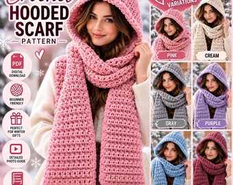 Beginner Crochet Hooded Scarf Pattern, Chunky Winter Scoodie (PDF Download)
