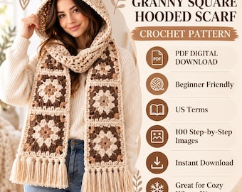 Granny Square Hooded Scarf Crochet Pattern, Beginner Friendly, Tassels (PDF Download)